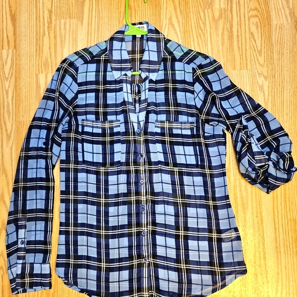 Express Portofino Sheer Plaid Button-Down Blouse - Picture 3 of 6